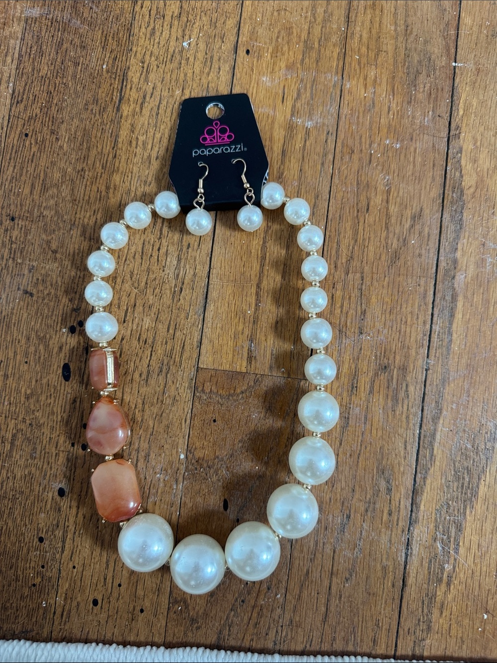 paparazzi Cream Pearl Necklace and Earrings with Peach Stone Accents